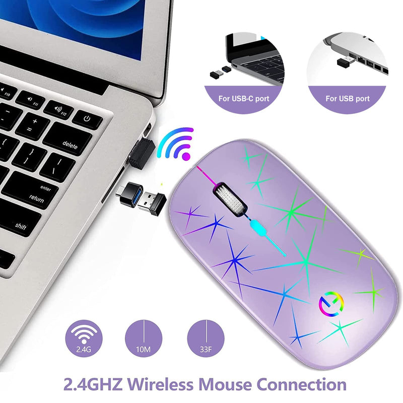 [Australia - AusPower] - Wireless Mouse, 2.4G Portable Optical Quiet RGB Mouse with USB Receiver and Type C Adapter, 3 Adjustable DPI Levels, Wireless Computer Mouse for Laptop, Computer, PC, MacBook, Desktop Purple 