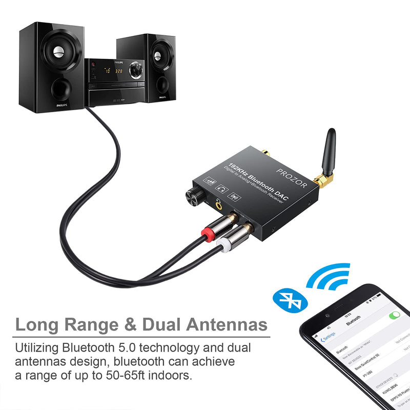 [Australia - AusPower] - PROZOR 192kHz Digital to Analog Audio Converter with 5.0 Bluetooth Receiver,Optical to RCA Converter with Volume Adjustable, Optical Coaxial Bluetooth Digital Audio to Stereo Analog RCA & 3.5mm 