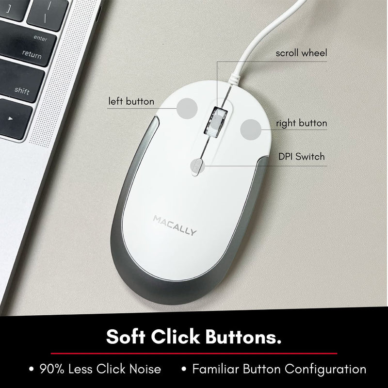 [Australia - AusPower] - Macally Silent Wired Mouse - Slim & Compact USB Mouse for Laptop/Desktop Windows PC or Apple Mac - Designed with Optical Sensor & DPI Switch - Simple & Comfortable Wired Computer Mouse (White) White with Silver Trim 