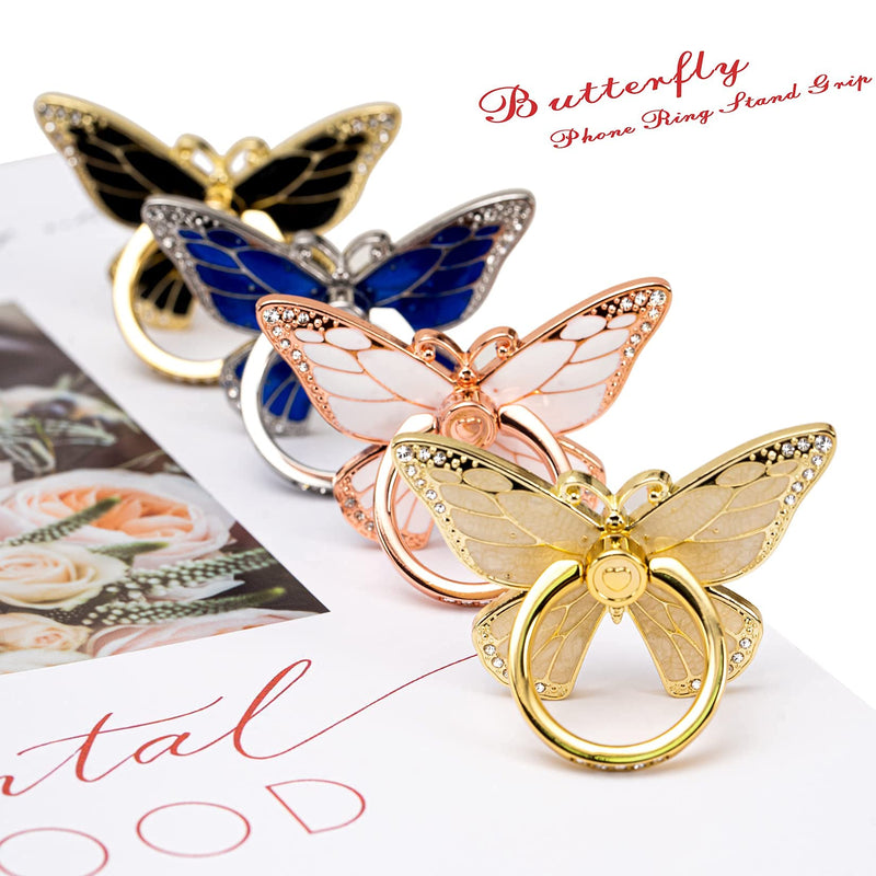[Australia - AusPower] - Cell Phone Ring Holder Stand with Crystal Stone and Enamel Process, Butterfly 360° Rotation Finger Kickstand Metal Back Stand Hand Grip with Knob Loop Compatible with Smartphone (Gold Pearl White) 