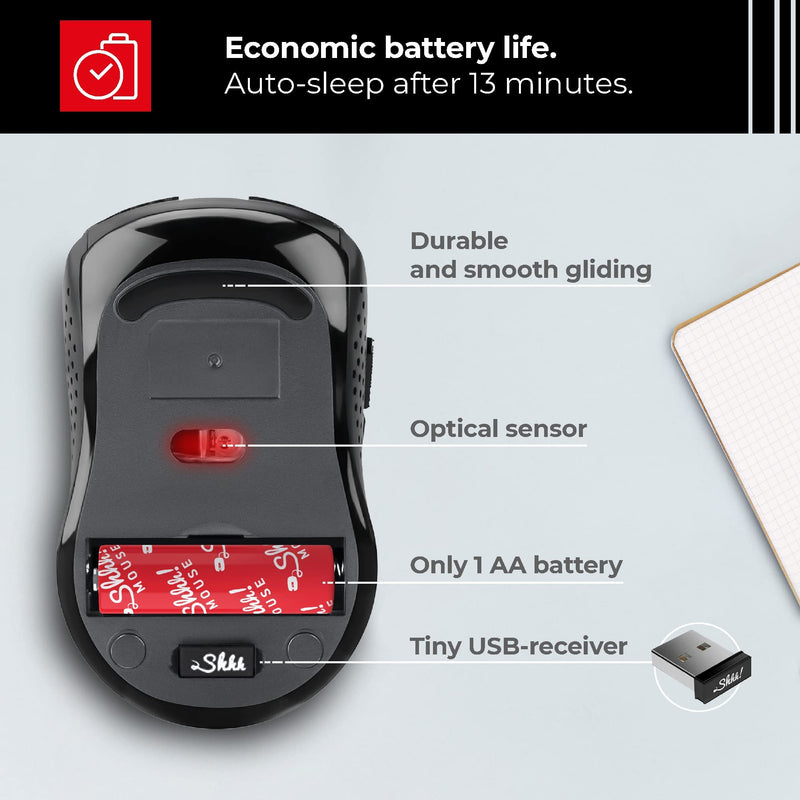 [Australia - AusPower] - ShhhMouse Silent Wireless Mouse for Laptop - Optical Cordless Computer Mice with USB – Quiet Click, 3 DPI Levels of Sensitivity, Side Buttons - Portable for PC, Chromebook [Black & Red] Black & Red 