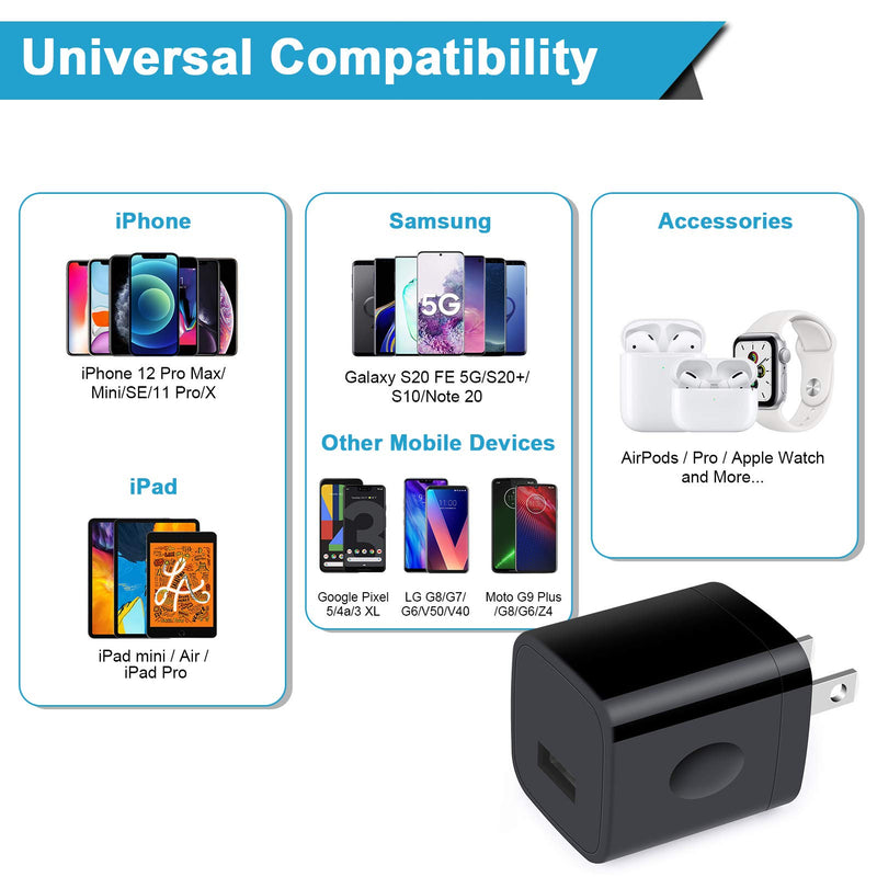 [Australia - AusPower] - USB Wall Charger, Charging Box, 5V/1A USB Cube Plug Charger Block Adapter Power Brick Compatible iPhone 12 Pro Max/11/XR/XS/X/8/7P/6S, Samsung Galaxy S21/S20 FE 5G/S10/S9/Note 20 Ultra/A51/A71, Moto Black 