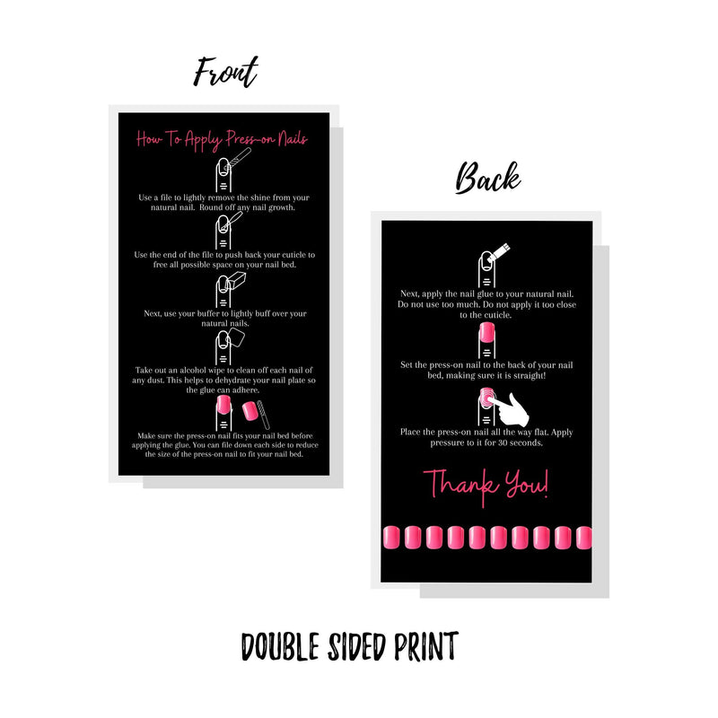 [Australia - AusPower] - Press-On Nail Application Instructions Cards | 50 Pack | 2x3.5" inch Business Card Size | DIY Press-On Nail Kit | Black and Pink Design 