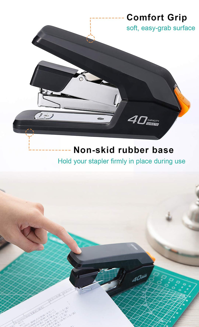 [Australia - AusPower] - Deli Effortless Desktop Stapler, 40-50 Sheet Capacity, One Finger Touch Stapling, Easy to Load Ergonomic Heavy Duty Stapler, Includes 1500 Staples and Staple Remover 40-50 Sheets Black 