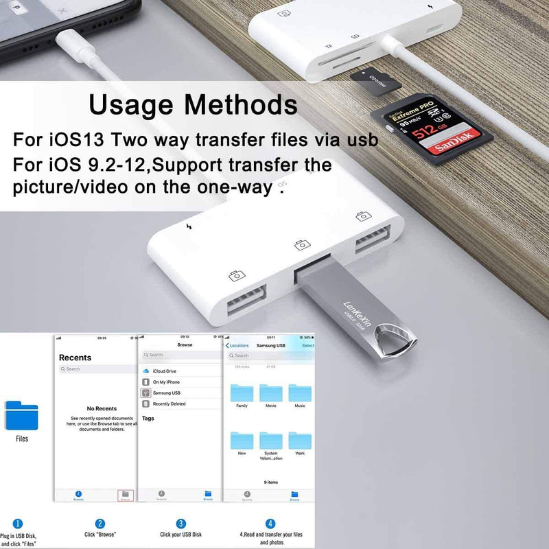 [Australia - AusPower] - USB Camera Adapter,SD Card Reader for iPhone,6 in 1 USB OTG Camera Connection Kits.Compatible with iPhone 13/12/11/X/8/7. Support USB Device and More. 