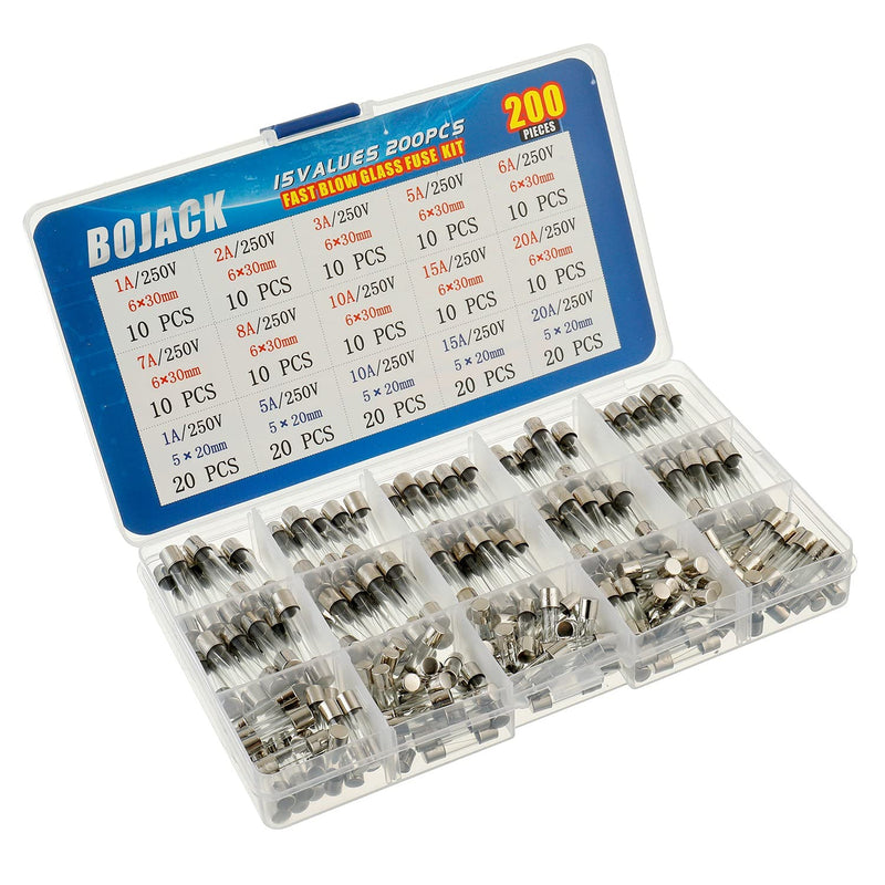 [Australia - AusPower] - BOJACK 15 Values 200 pcs Fast-Blow Glass Fuses Assortment Kit 5x20mm 250V 1 5 10 15 20A 6x30mm 250V 1 2 3 5 6 7 8 10 15 20A amp packag in a Clear Plastic Box 