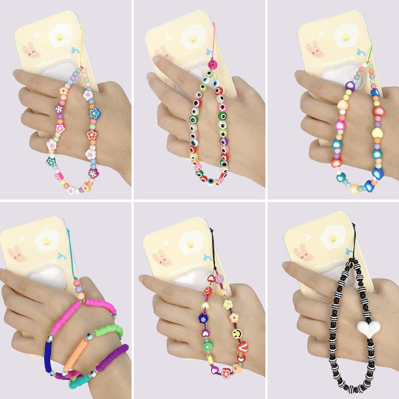 [Australia - AusPower] - Phone Charm Straps 6 Pack, Smiley Face Phone Charms Aesthetic Beaded Phone Lanyard Wrist Strap, Anti-Lost Phone Charm String Rainbow Fruit Polymer Clay Acrylic Phone Bracelet Strap for Women 