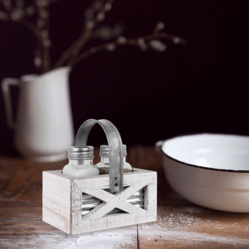 [Australia - AusPower] - Autumn Alley Barn Door Farmhouse Salt and Pepper Shakers Set in White and Galvanized Caddy - Shabby Chic Salt & Pepper Shakers for Country Kitchen 