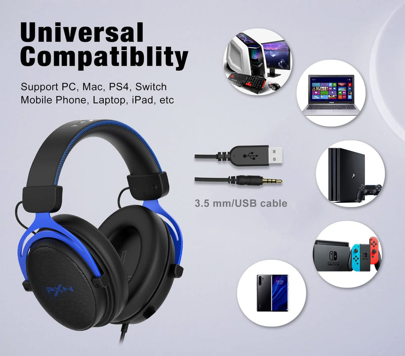 [Australia - AusPower] - PC Gaming Headset,PXN KONLIN II Wired Gaming Headphones with 3.5mm / USB,7.1 Surround Stereo Sound and Memory Foam Ear Pads, Durable Aluminum Frame,Detachable Microphone for PC, Mac, PS4, Phone - Blue Blue Gaming Headset 