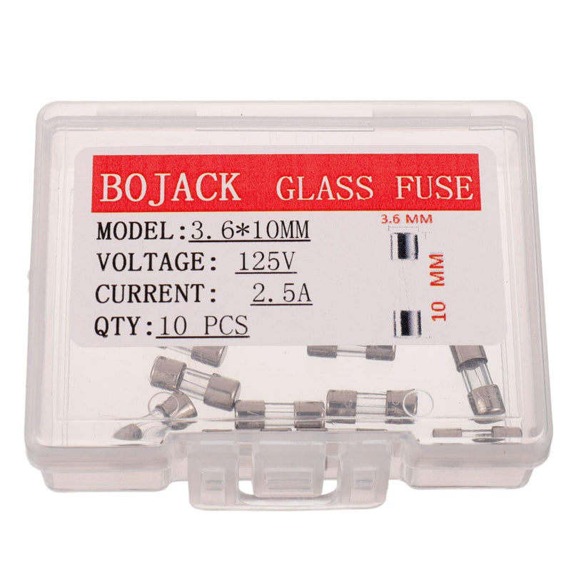 [Australia - AusPower] - BOJACK Mini Fuse 3.6x10 mm 2.5 A 2.5 amp 125 V 125 Volt 0.14x0.39 Inch F2.5AL125V Fast Blow Glass Fuses(Pack of 10 Pcs) 2.5A 