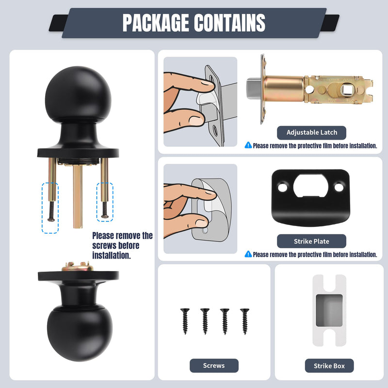 [Australia - AusPower] - Moquin Round Ball Style Passage Door Knob, No Lock Interior Door Knob, Keyless Doorknob for Hall Closet Pantry, Matte Black Finish 1 Pack Passage-NO Lock & NO Key 