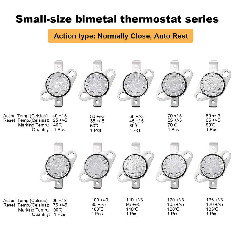 [Australia - AusPower] - uxcell 10pcs NC KSD301 Thermostat 40-135°C(104-275°F) Temperature Thermal Control Switch 40 50 60 70 80 90 100 110 120 135°C Normally Close Assortment Kit 