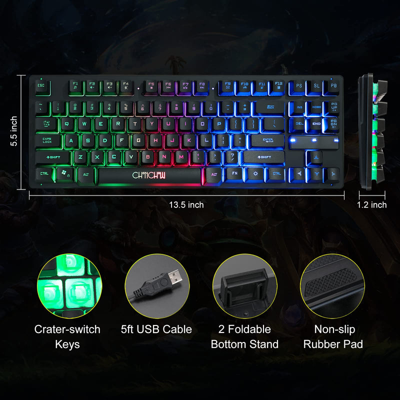 [Australia - AusPower] - RGB Compact Gaming Keyboard, CHONCHOW USB Wired 87 Keys Gaming Keyboard LED Rainbow Backlit Tenkeyless Gaming Keyboard TKL Keyboard Gaming RGB Keyboard for Laptop Ps4 Xbox PC Computer Game and Work Black 