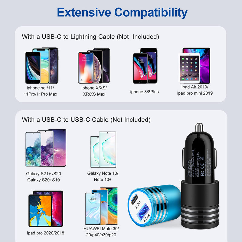 [Australia - AusPower] - Android Type C PD3.0 USB C Car Adapter Plug Fast Charging for Samsung Galaxy S22+/S22 Ultra/S21 Ultra/S21 Plus/S20 FE/Note 20/A32/A42/A52/A51/A71/S10/S9/S8/A11/A12/A22/A13, Rapid Car Charger Total 30W Black Blue(PD+2.4A) 