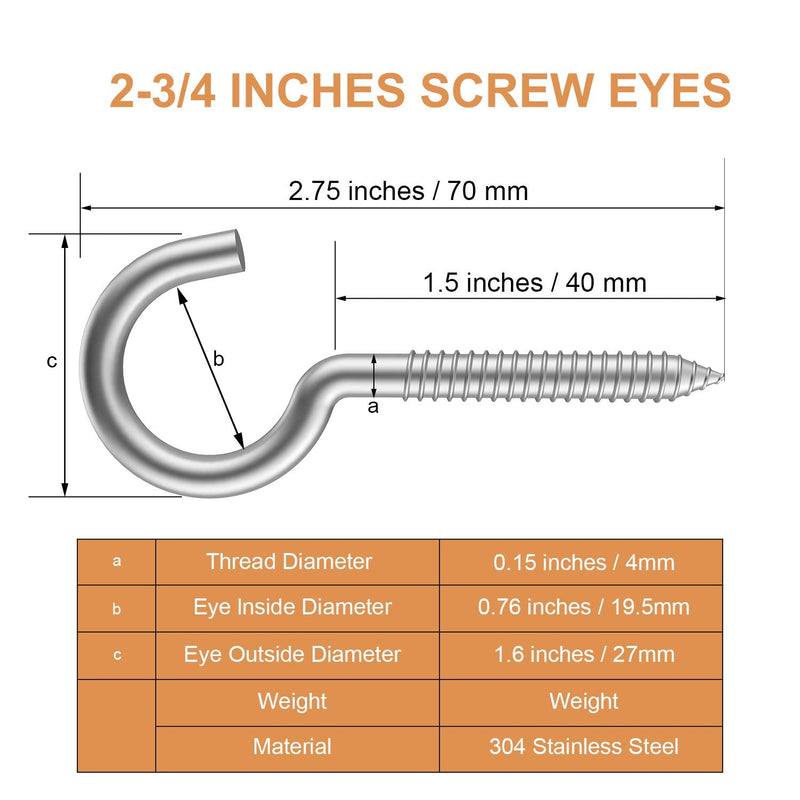 [Australia - AusPower] - Pack of 20 Metal Hook Heavy-Duty Eye Screws, 304 Stainless Steel Screw Hooks, self-Tapping Eye Ring Bolt Hooks, Wood Terminal Eye Hole Hooks, Pendant Lights Wires, Strong Indoor (2-3/4") 2-3/4"X20PCS 