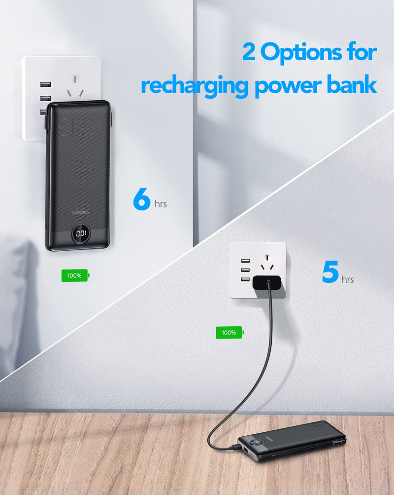 [Australia - AusPower] - VEGER Portable Charger for iPhone Built in Cables Fast Charging USB C Slim 10000 Power Bank, Wall Plug USB Battery Pack for iPhones, iPad, Samsung More Phones Tablets (Black) Black 