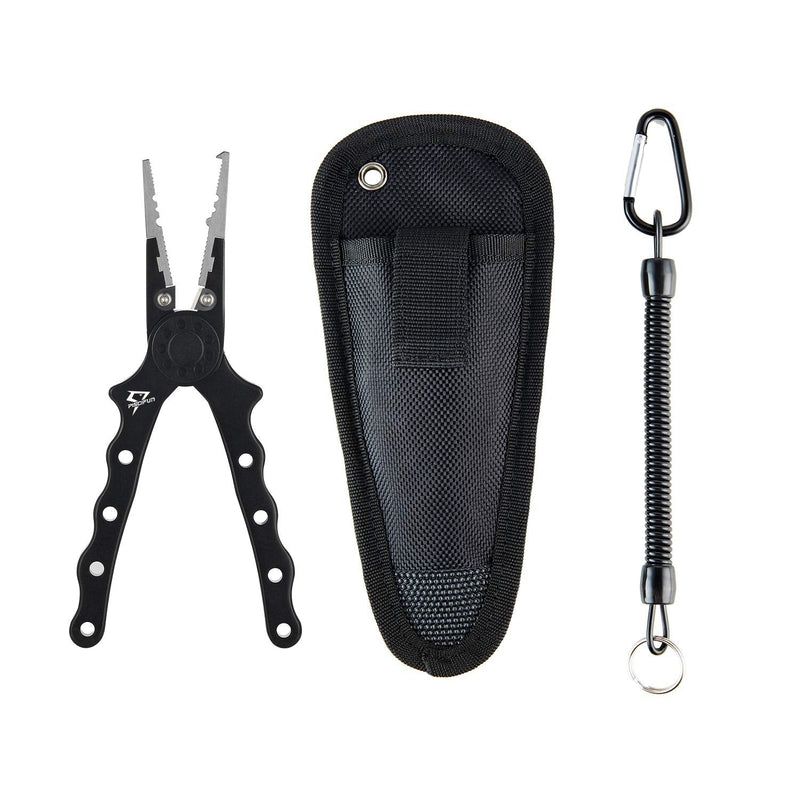 [Australia - AusPower] - Piscifun Fishing Pliers Aluminum Braid Cutters Split Ring Pliers Hook Remover Fish Holder with Sheath and Lanyard Black & Silver 7.1" 