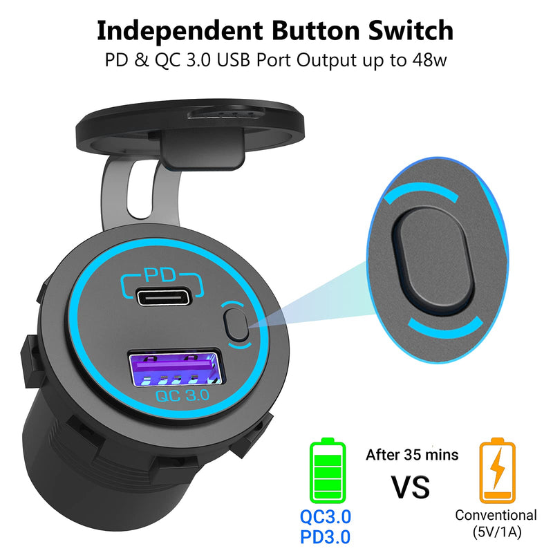 [Australia - AusPower] - [Upgraded Version] 12V Cigarette Lighter Socket, Quick Charge 3.0 & PD 3.0 USB Charger Power Outlet with Button Switch, Waterproof 12 Volt Adapter for Car Motorcycle Boat Marine RV Golf Cart etc. 