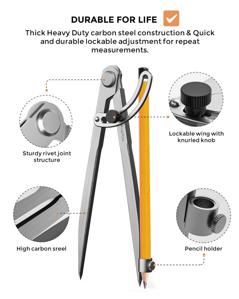 [Australia - AusPower] - Nicpro 8 Inch Compass for Woodworking with Wing and Pencil Holder, Professional Carpenter Pencil Compass Great for Geometry, Drawing, Drafting 