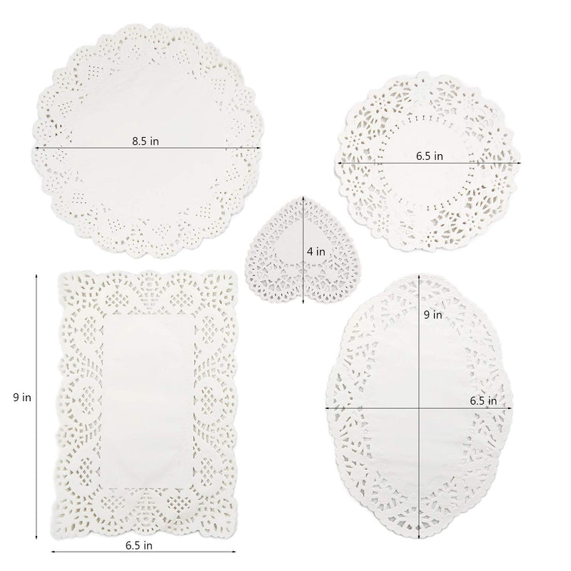 [Australia - AusPower] - 350 Pieces Lace Doilies Paper Assorted Sizes Rectangle Round Oval Heart Paper Doilies Disposable Paper Doilies White Placemats Paper for Cake, Desert, Wedding, Tableware Decoration(4" 6.5" 8.5" 9") 