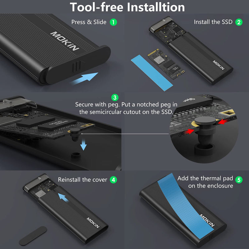 [Australia - AusPower] - MOKiN M.2 NVME SATA SSD Enclosure Adapter Tool-Free, RTL9210B Chips, USB C 3.1 Gen 2 10Gbps NVME, 6Gbps SATA PCIe M-Key(B+M Key), External Solid State Drive Support UASP Trim for 2242/2260/2280 SSD 