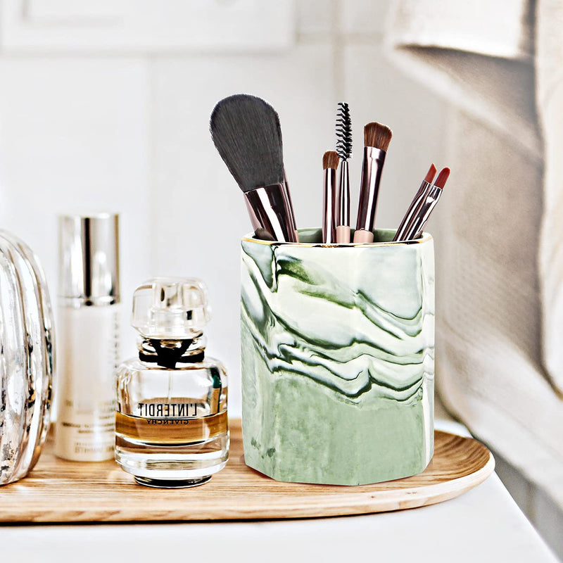 [Australia - AusPower] - Pen Holder, Decorative Ceramic Pencil Cup and Makeup Brush Stationery Accessories Desktop Organizer for Home School Office, Cute Marble Pattern Durable Large Capacity (Green) 