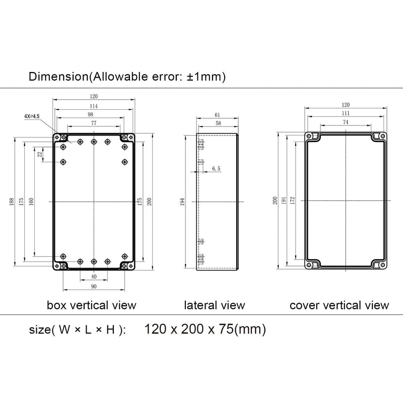 [Australia - AusPower] - LeMotech Project Box ABS Plastic IP65 Waterproof Dustproof Electrical Junction Box Outdoor Enclosure for Electronics Black 7.87 x 4.72 x 2.95 inch (200 x 120 x 75 mm) 7.87"x 4.72"x 2.95" 1 pack 