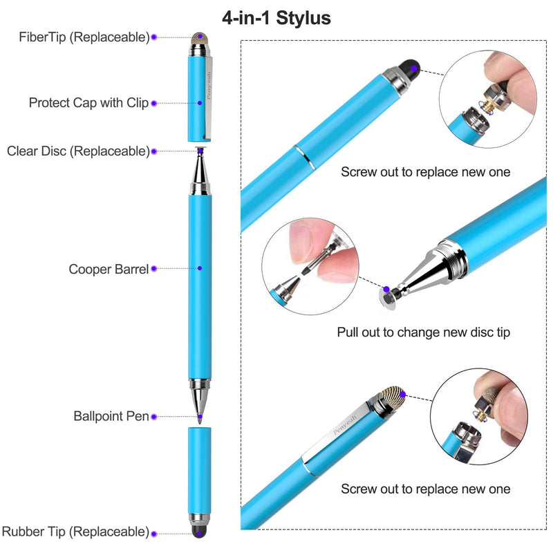 [Australia - AusPower] - Stylus Pen for iPad - Penyeah [4-in-1] High Sensitivity and Precision Touch Screen Stylus Disc Tip,Black Rubber Tip & Mesh Fiber Tip Universal for All Capacitive Touch Screen Device - Light Blue 