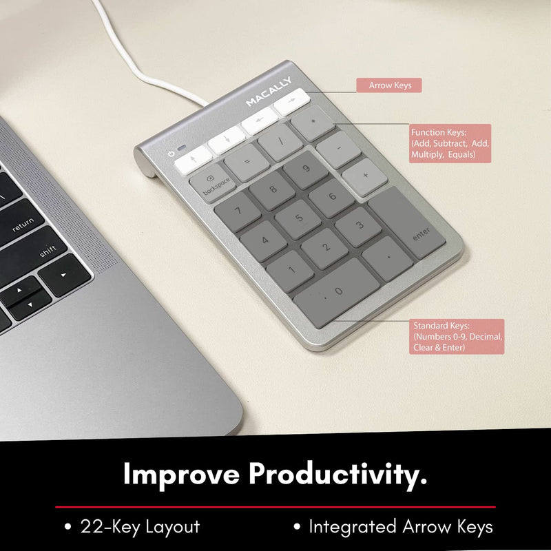 [Australia - AusPower] - Macally Wired USB C Number Pad Keyboard - Type C Numeric Keypad for Laptop, Apple Mac iMac MacBook Pro/Air, Windows PC, or Desktop Computer - 10 Key USB Keypad Numpad with 5 Foot Cable - Silver 