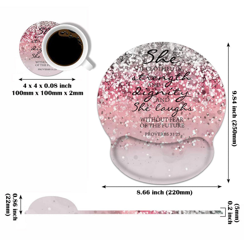 [Australia - AusPower] - Ergonomic Mouse Pad Wrist Support and Coasters Set, Cute Wrist Rest Pad with Non-Slip PU Base for Home Office Working Studying Easy Typing & Pain Relief, Pink Glitter Quote Bible Verse Proverbs 31:25 Bw-wrist Pad-27 