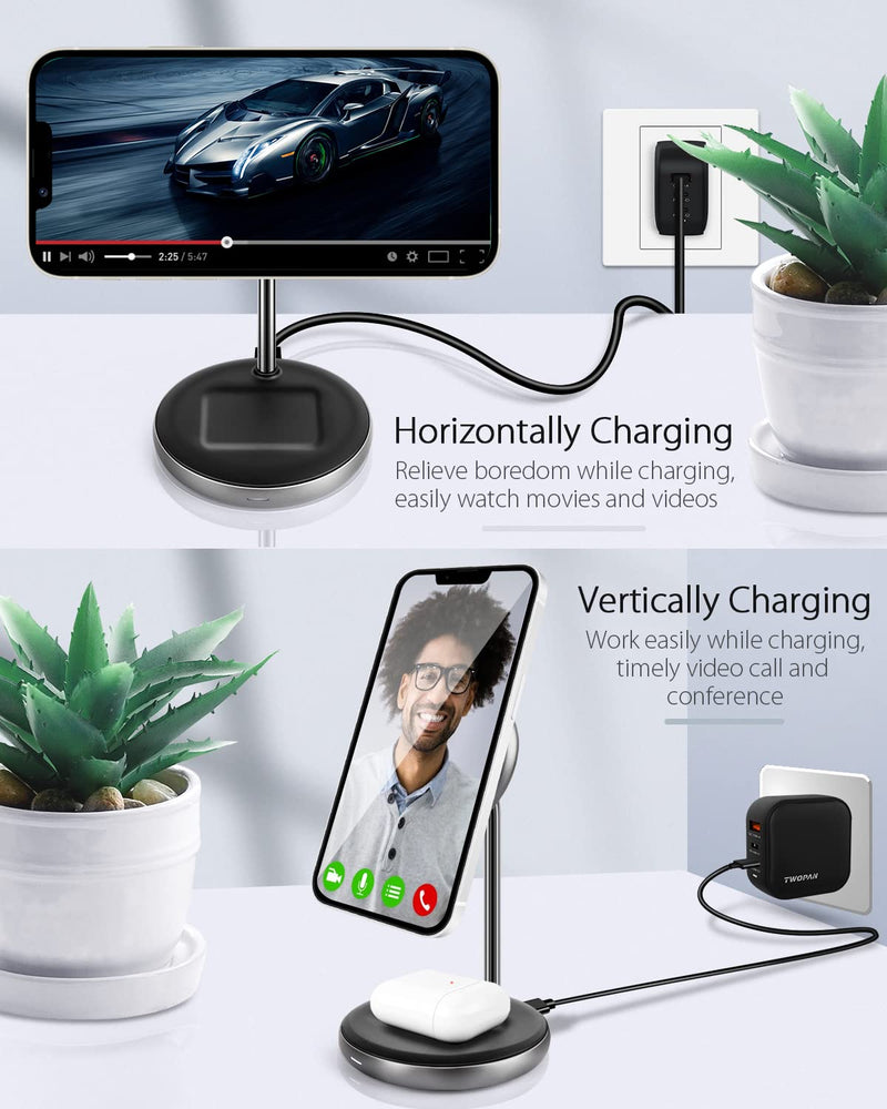 [Australia - AusPower] - TWOPAN Wireless Charger iPhone 13, Aluminum 2-in-1 iPhone Mag-Safe Charger Stand & 4 ft USB C Cable, Magnetic Wireless Fast Charging Station for iPhone 13/12/Pro Max/Mini, AirPods Pro/2 (No Adapter) 