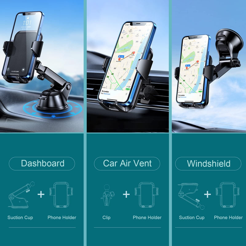 [Australia - AusPower] - Car Phone Holder Mount, 3in1 Phone Mount for Car with Long arm/Industrial-Strength Suction Cup for Dashboard/Windshield/air Vent, Adjustable Cell Phone Holder for Car, Compatible with All Phones 