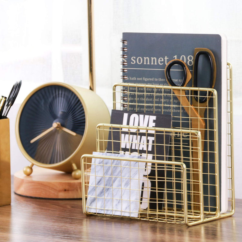 [Australia - AusPower] - Geiornzer 3 Slots Letter Holder, Metal Multifunctional File Holder for Mails, Books, Brochures and Postcards, Desktop Office Organizer Decoration, 5.6” x 3.7” x 7.0” , Gold 