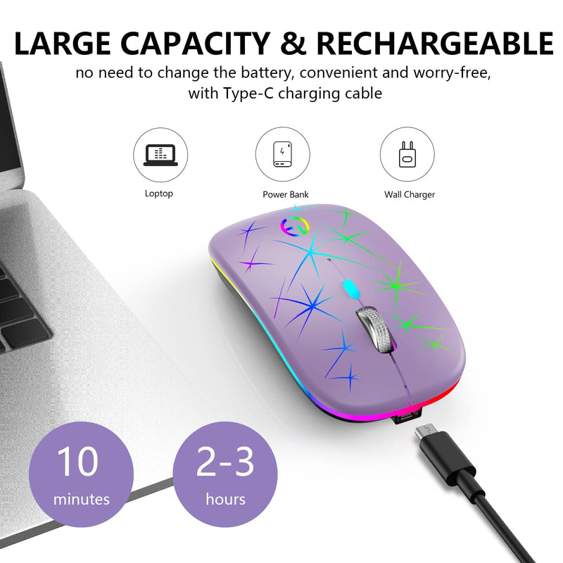 [Australia - AusPower] - Wireless Mouse, 2.4G Portable Optical Quiet RGB Mouse with USB Receiver and Type C Adapter, 3 Adjustable DPI Levels, Wireless Computer Mouse for Laptop, Computer, PC, MacBook, Desktop Purple 