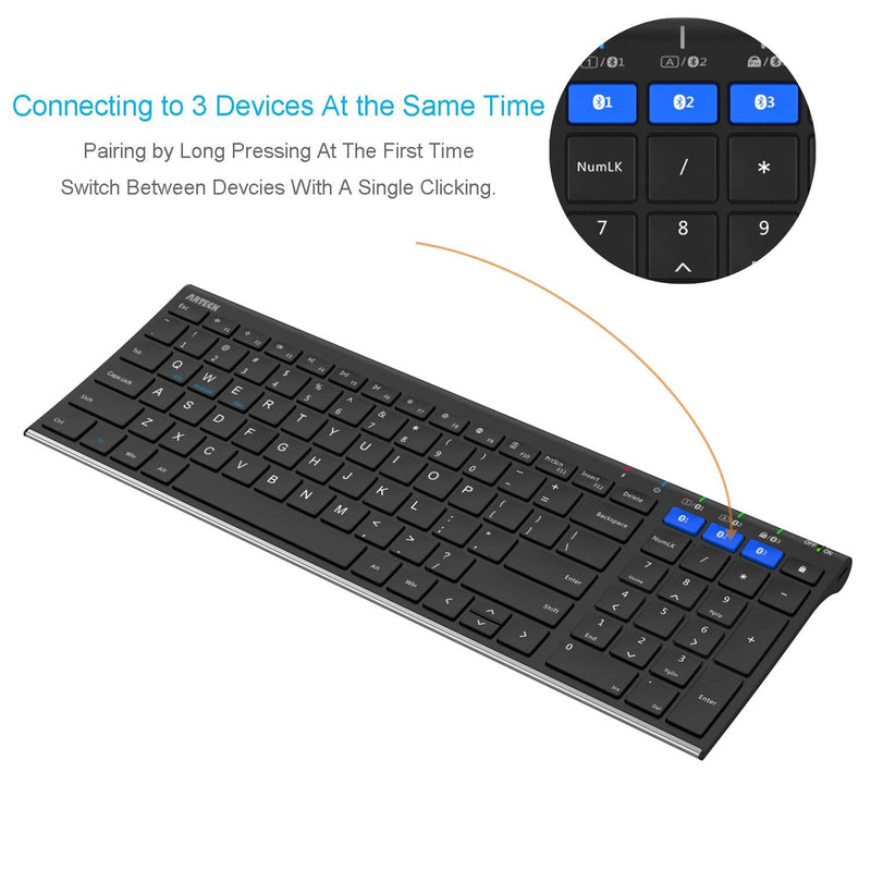 [Australia - AusPower] - Arteck HB193 Universal Bluetooth Keyboard Multi-Device Stainless Steel Full Size Wireless Keyboard for Windows, iOS, Android, Computer Desktop Laptop Surface Tablet Smartphone Rechargeable Battery 