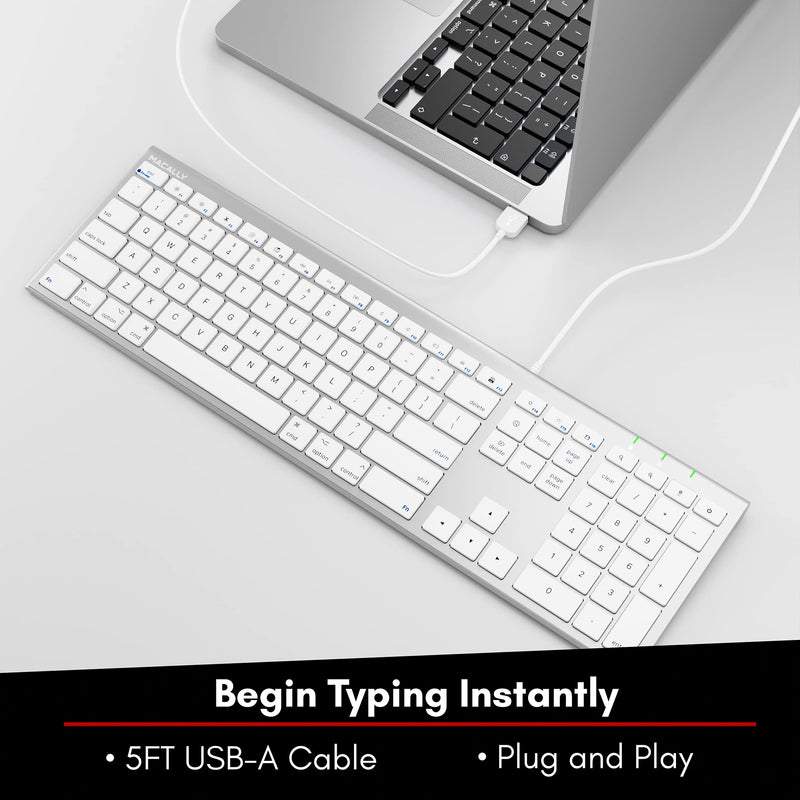 [Australia - AusPower] - Macally Ultra Slim USB Wired Computer Keyboard - Works as Windows or Mac Wired Keyboard - Full Size Keyboard with 20 Apple Shortcut Keys - Mac Keyboard with Number Pad - Silver Aluminum Finish 