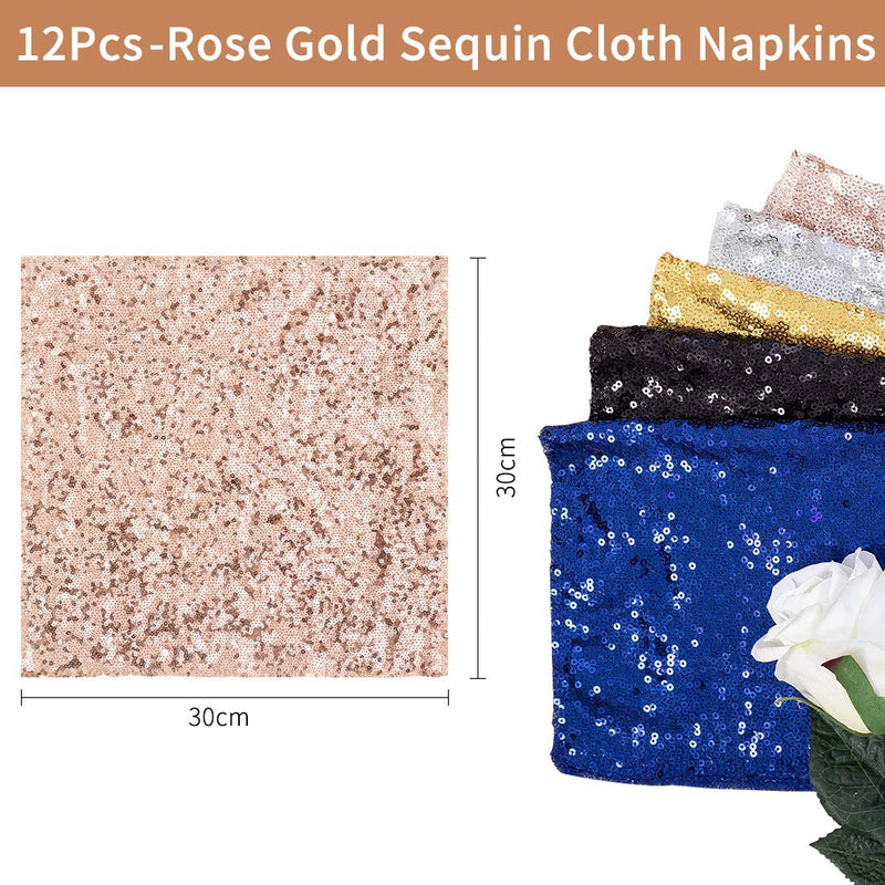 [Australia - AusPower] - Set of 12 Rose Gold Sequin Napkins, 30cm x 30cm Dinner Cloth Napkins, Glitter Table Napkins for Wedding Party Reception Events Kitchen Home Thanksgiving and Christmas Decoration 