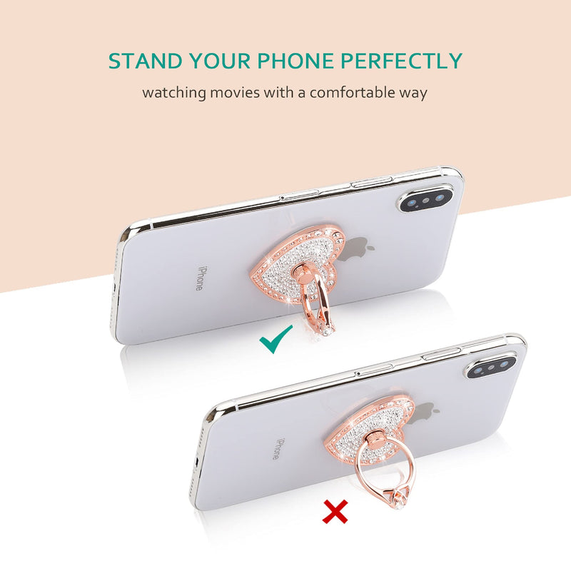 [Australia - AusPower] - Cell Phone Finger Ring Holder with Blingy Crystals, Nsiucion Heart Love Phone Ring Kickstand [Washable] [Removable], 360°Rotation Zinc Alloy Ring Grip Stand for All Phones (Rose Gold) Heart-Rose Gold 