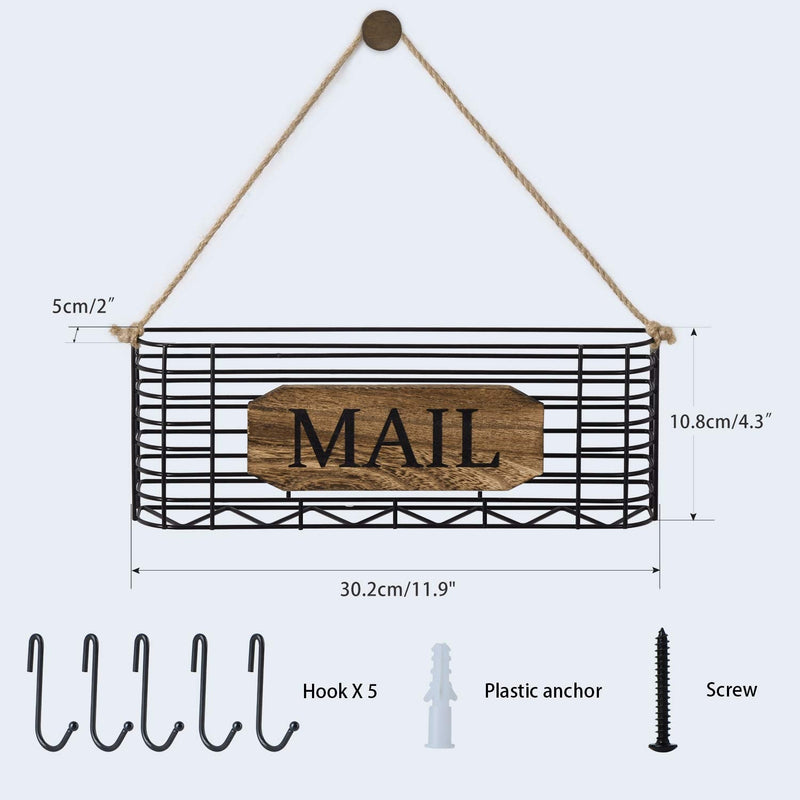 [Australia - AusPower] - SRIWATANA Mail Holder, Rustic Mail Organizer Wall Mount Hanging Mail Sorter Letter Basket with 5 Key Holder for Wall, Large, Carbonized Black 