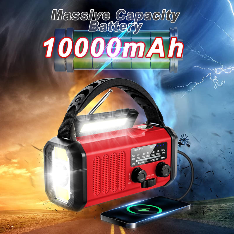 [Australia - AusPower] - Emergency Radio,10000mAh Solar Radio, Crank Radio, NOAA/AM/FM Weather Radio, USB Type-C Charging,Dynamo Radio,Polymer Battery,Torch & LED Reading Light, SOS Alarm,Compass for Camping Red 