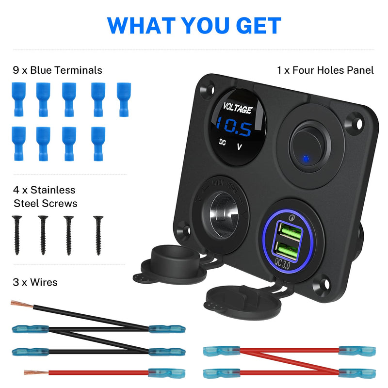 [Australia - AusPower] - Kohree 12V Marine Car Charger Socket Panel, 4 in 1 Waterproof Boat Cell Phone Rocker Switch Panel with Dual QC3.0 USB Power Outlet Cigarette Lighter Socket for RV Marine Boat Camper Truck Automotive 