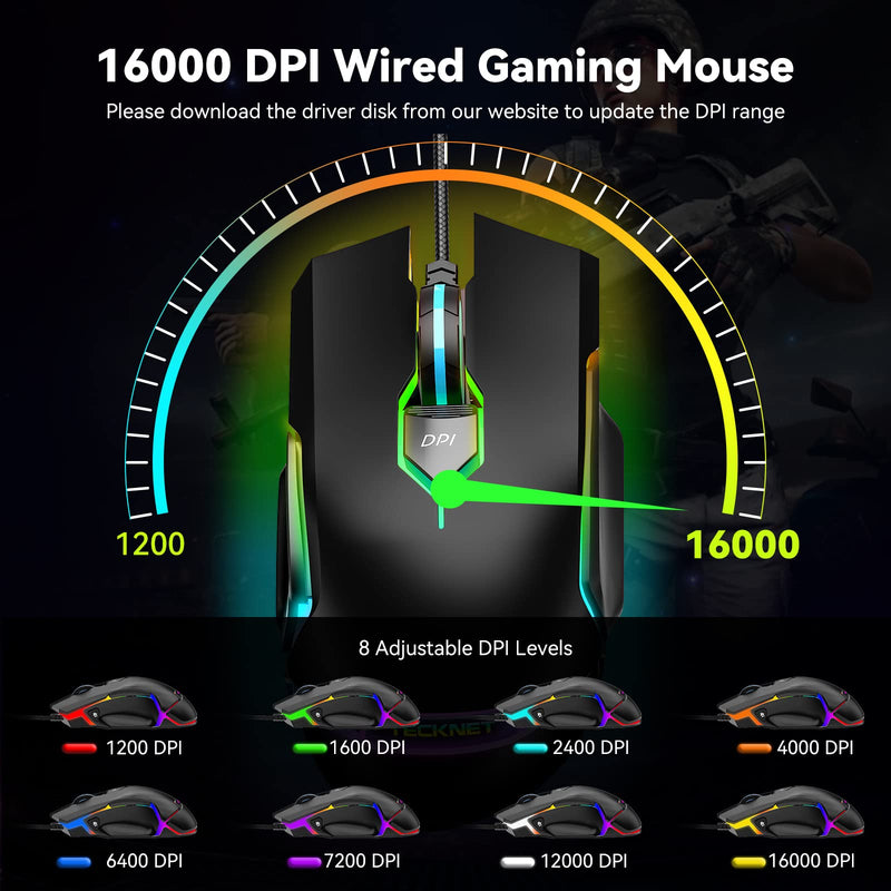 [Australia - AusPower] - TECKNET Wired Gaming Mouse, PC Gaming Mice, 16000 DPI Adjustable, 9 Programmable Modes with 7 Buttons, RGB Backlit Ergonomic Computer Mouse for Laptop Windows/PC/Mac/ Gamer - Black 