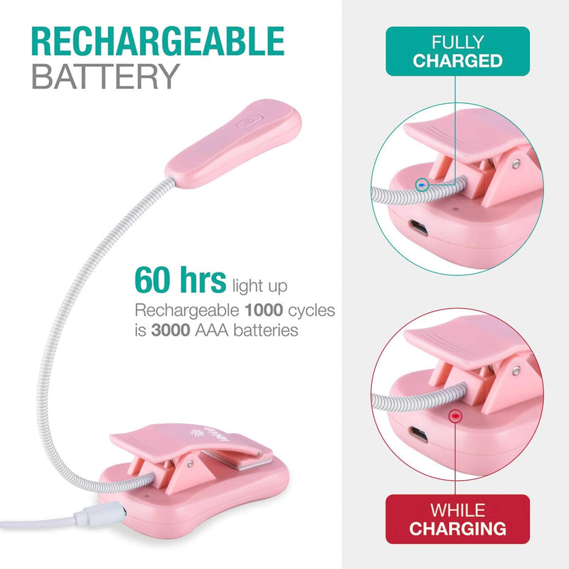[Australia - AusPower] - Vekkia Rechargeable-Book-Light-for-Reading-in-Bed, 3000K Warm 6 LED 3 Brightness Lamp (Pink) Pink 