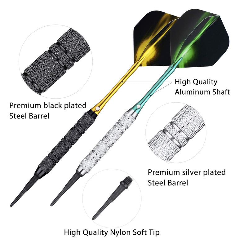 [Australia - AusPower] - centaur 12 Pack Soft Tip Darts, Professional 18 Gram Plastic Tip Dart Sets with 4 Colors Premium Aluminum Shafts 100 Dart Tips 16 Dart Flights and Dart Case for Electronic Dart Board, Silver & Black 