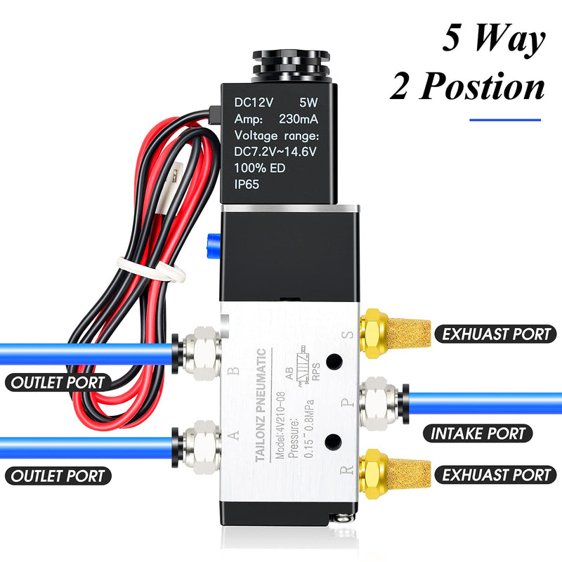 [Australia - AusPower] - TAILONZ PNEUMATIC 1/4"NPT Solenoid Valve 12V/24V/110V Single Coil Pilot-Operated Electric 2 Position 5 Way Connection Type 4V210-08 DC12V 