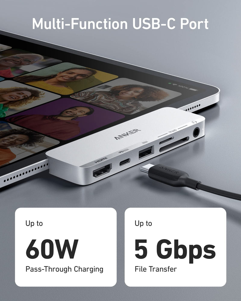 [Australia - AusPower] - Anker USB C Hub for iPad, 541 USB-C Hub (6-in-1), with 4K HDMI Port, Multi-Function USB-C Port, USB-A Data Port, SD and microSD Card Slots, and 3.5 mm Audio Jack (Silver) Silver 