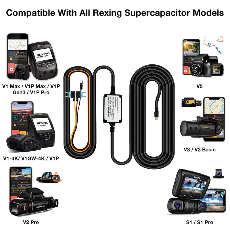 [Australia - AusPower] - Rexing Smart Hardwire Kit Mini-USB Port for All Rexing Supercapacitor Models - V1-4K, V1P, V3, V2 Pro, V5, S1 Series, V1P Pro Series, Max Series Dash cams,etc for Rexing super capacitor models 