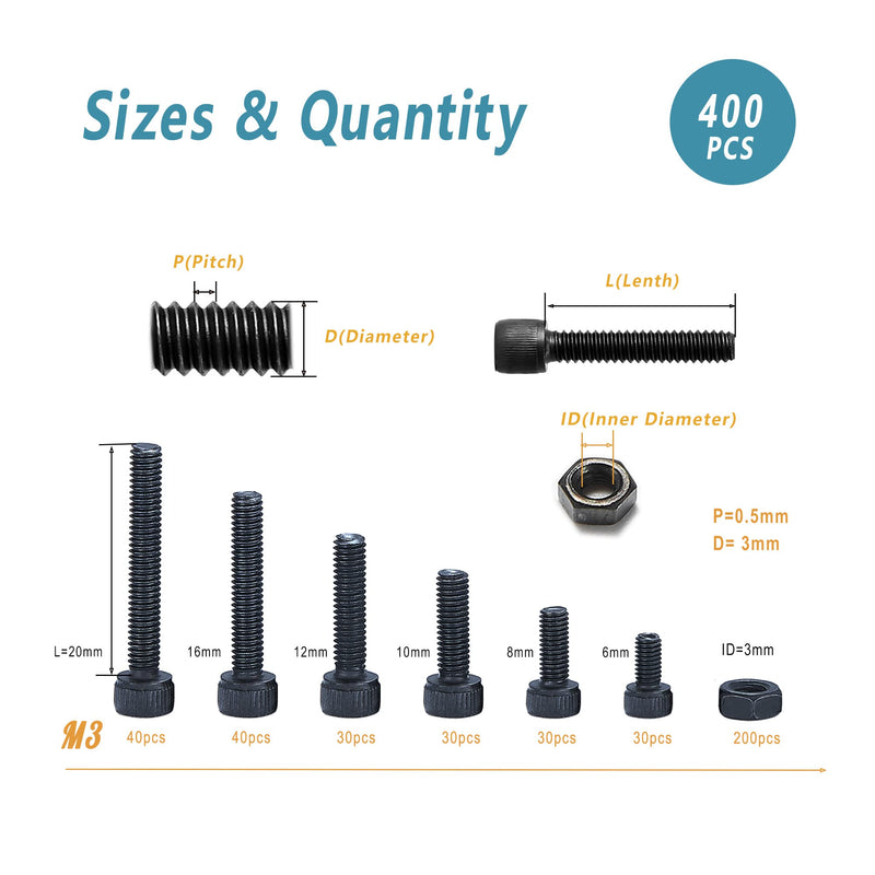 [Australia - AusPower] - Small Metric Screws Suitable for 3D Printer DIY, 400 Pcs M3 Screw and Nut Assortment Hex Socket Head Cap, 12.9 Grade Alloy Steel,Black Zinc Plated 