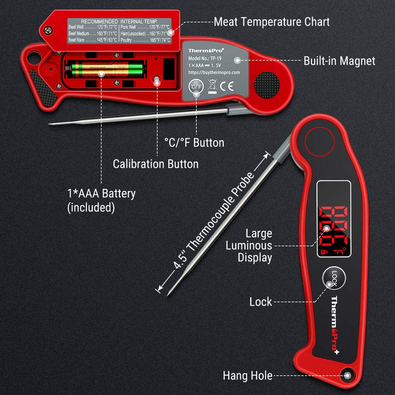 [Australia - AusPower] - ThermoPro TP19 Waterproof Digital Meat Thermometer for Grilling with Ambidextrous Backlit & Thermocouple Instant Read Thermometer Kitchen Cooking Food Thermometer for Candy Water Oil BBQ Grill Smoker Classic-red 