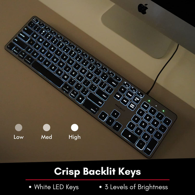 [Australia - AusPower] - Macally Backlit Mac Keyboard Wired - Quiet, Sleek, and Functional - 3 Brightness Levels, 107 Keys - 5ft USB Wired Apple Keyboard - Backlit Wired Keyboard for Mac, iMac, MacBook Pro/Air - Space Gray 